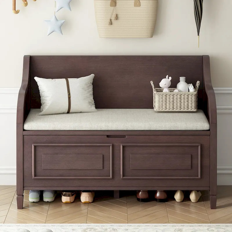 Rustic Style Multifunctional Storage Bench with Safety Hinge