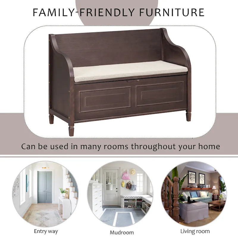 Rustic Style Multifunctional Storage Bench with Safety Hinge