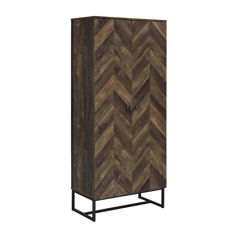 Rustic Oak 8-Shelf Tall Accent Cabinet with Metal Frame