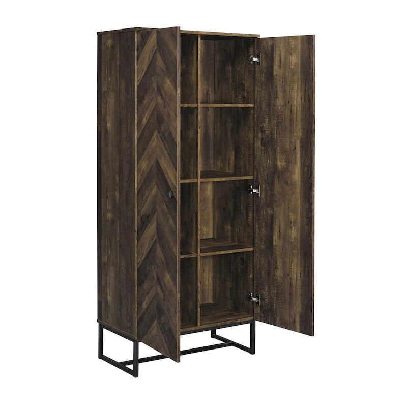 Rustic Oak 8-Shelf Tall Accent Cabinet with Metal Frame