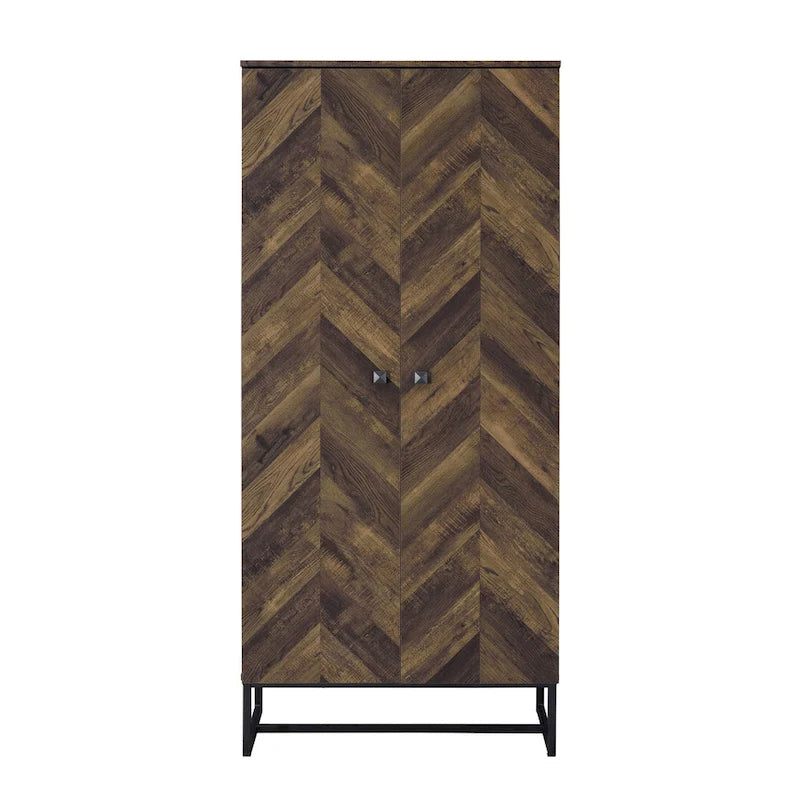 Rustic Oak 8-Shelf Tall Accent Cabinet with Metal Frame