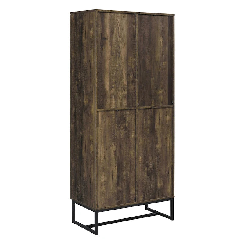 Rustic Oak 8-Shelf Tall Accent Cabinet with Metal Frame