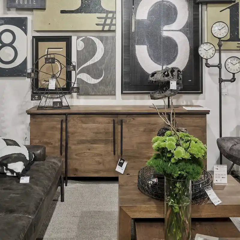 Brown Solid Wood & Black Metal 4-Door Sideboard Cabinet