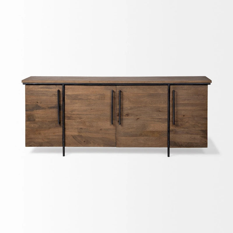 Brown Solid Wood & Black Metal 4-Door Sideboard Cabinet