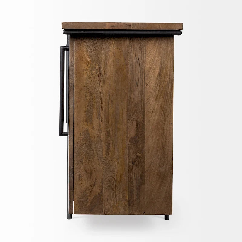 Brown Solid Wood & Black Metal 4-Door Sideboard Cabinet