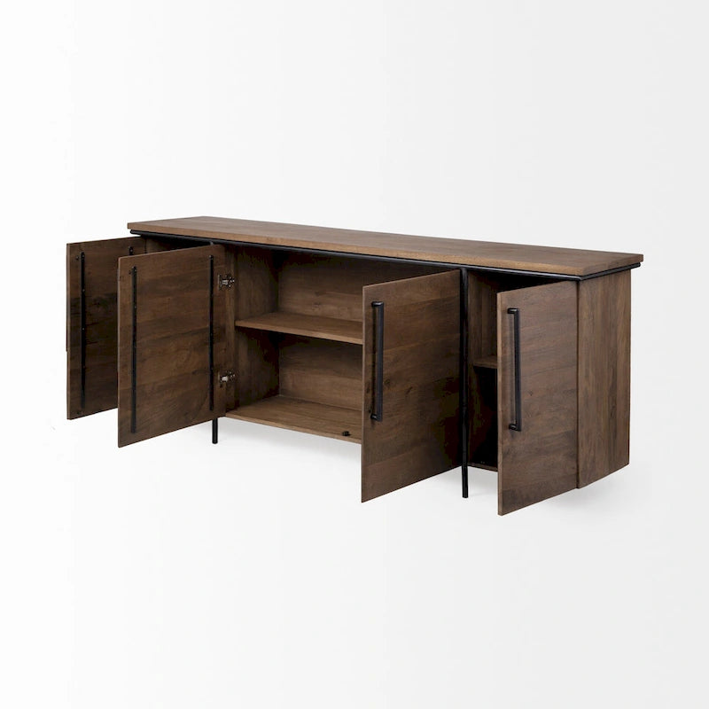Brown Solid Wood & Black Metal 4-Door Sideboard Cabinet