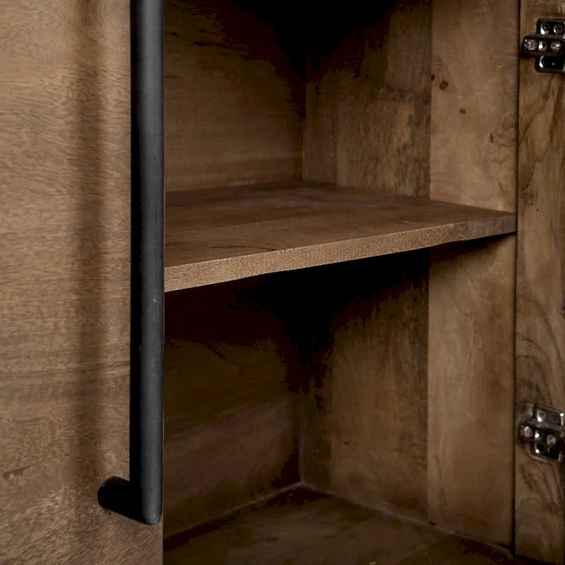Brown Solid Wood & Black Metal 4-Door Sideboard Cabinet