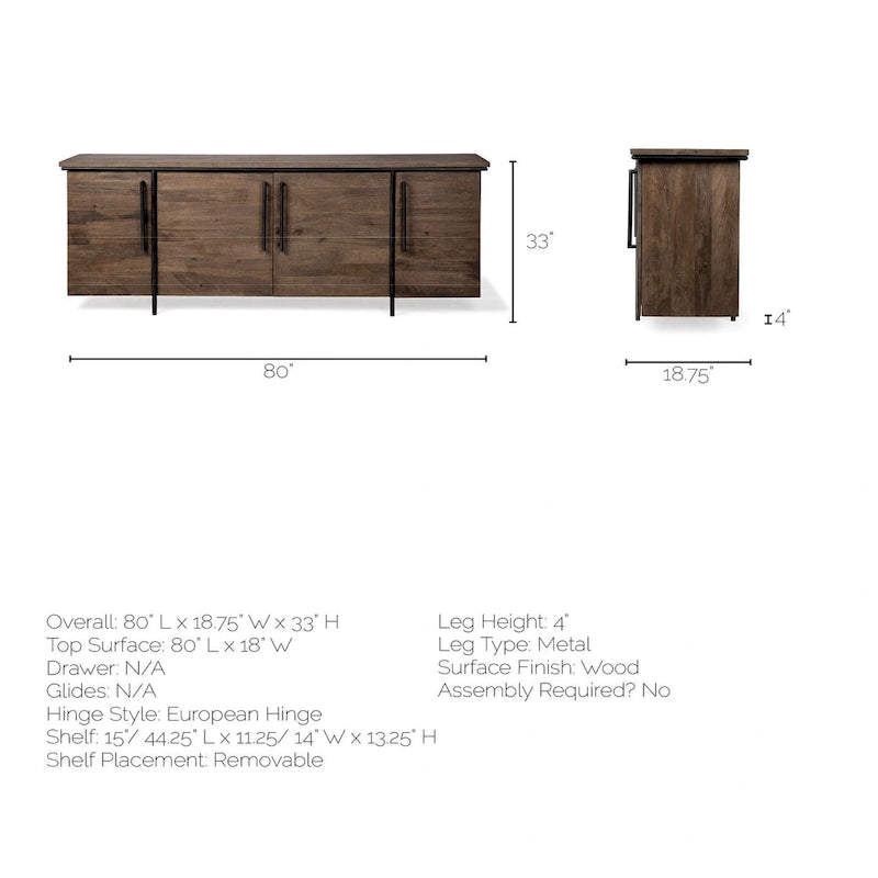 Brown Solid Wood & Black Metal 4-Door Sideboard Cabinet