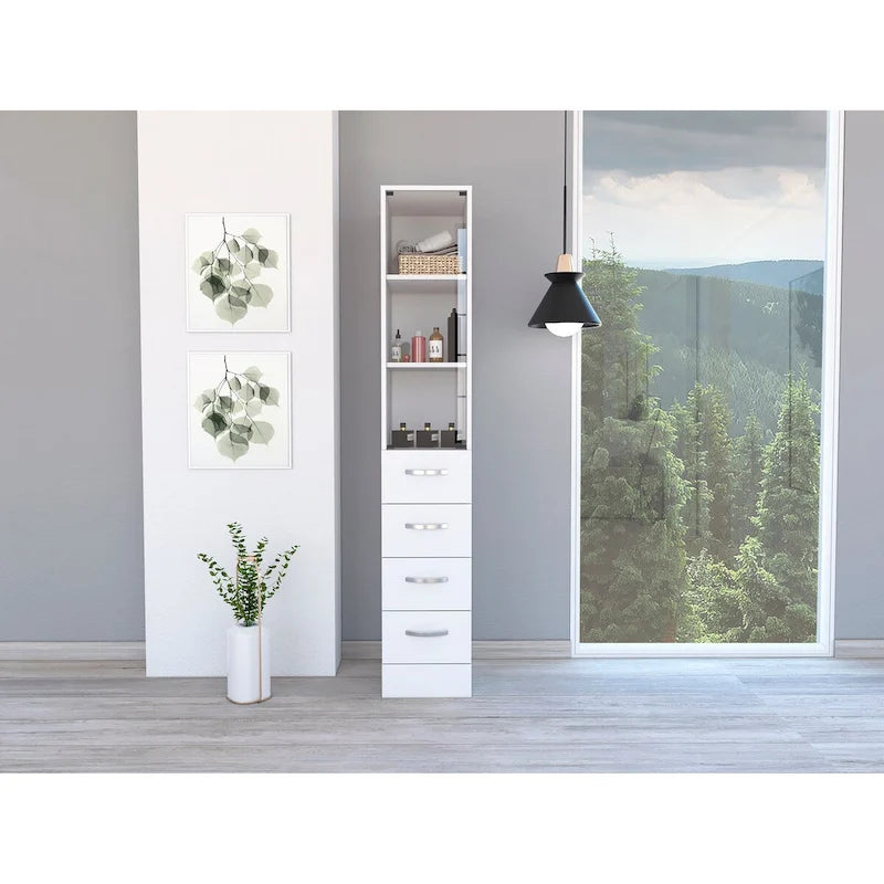White Linen Cabinet with 3 Shelves and 4 Drawers