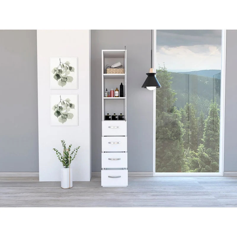 White Linen Cabinet with 3 Shelves and 4 Drawers