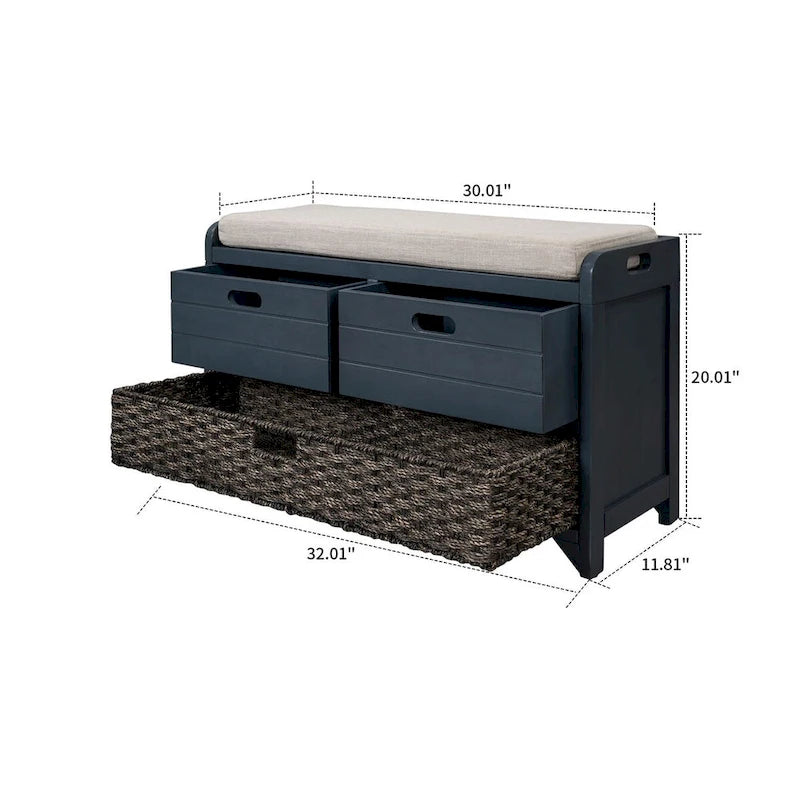 Modern Farmhouse Style Wooden Bench with 2 Drawers and a Woven Storage Basket