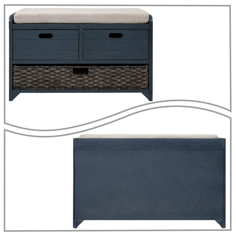 Modern Farmhouse Style Wooden Bench with 2 Drawers and a Woven Storage Basket