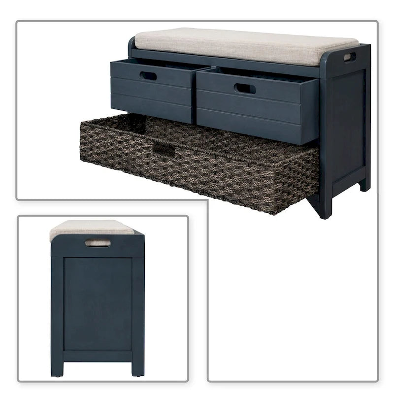 Modern Farmhouse Style Wooden Bench with 2 Drawers and a Woven Storage Basket