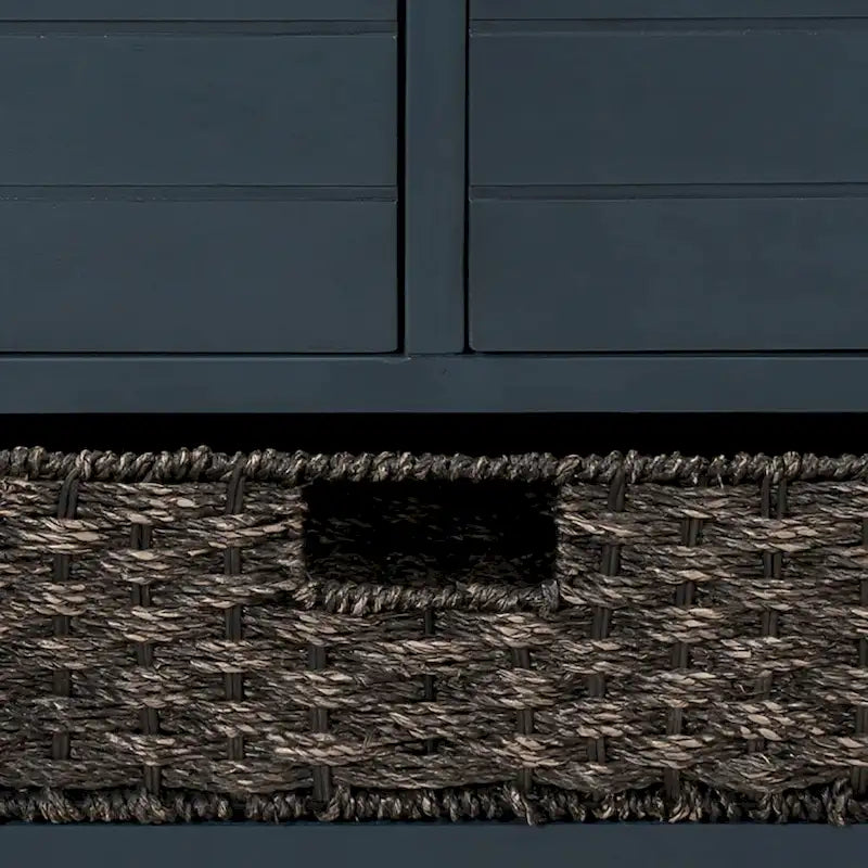 Modern Farmhouse Style Wooden Bench with 2 Drawers and a Woven Storage Basket
