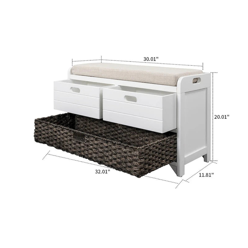 Modern Farmhouse Style Wooden Bench with 2 Drawers and a Woven Storage Basket