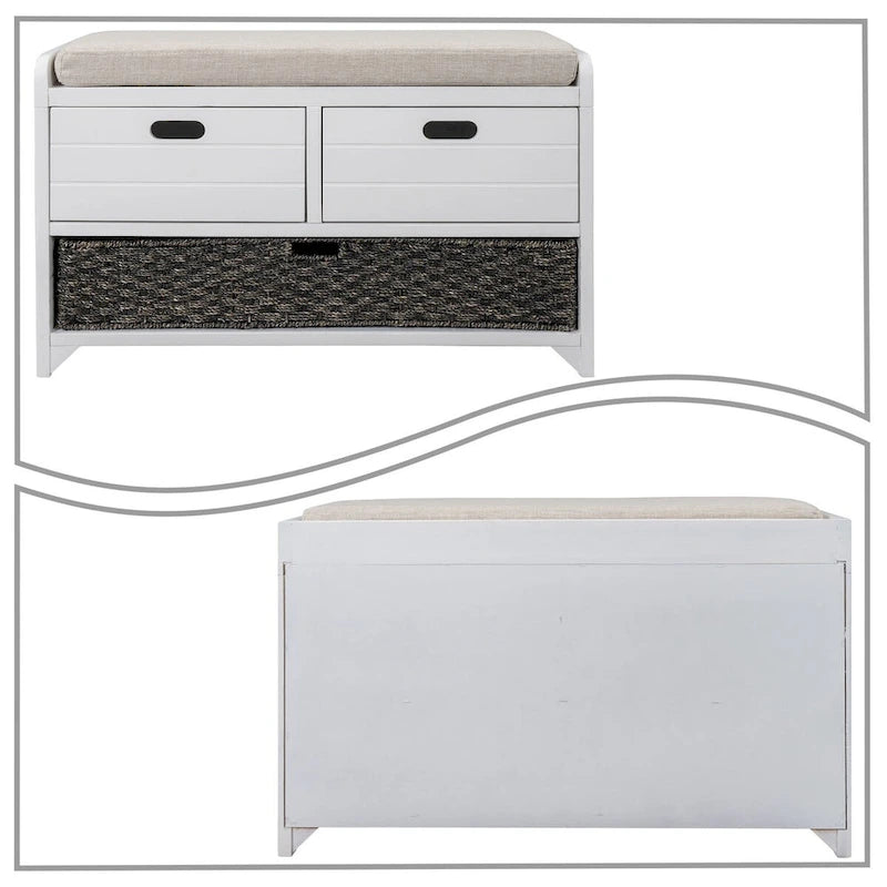Modern Farmhouse Style Wooden Bench with 2 Drawers and a Woven Storage Basket