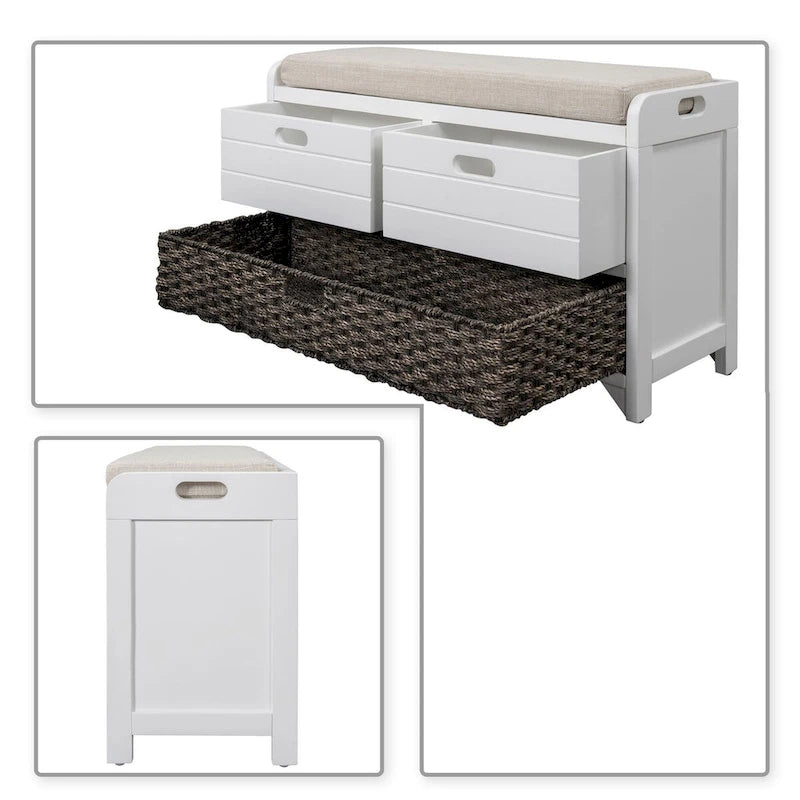 Modern Farmhouse Style Wooden Bench with 2 Drawers and a Woven Storage Basket