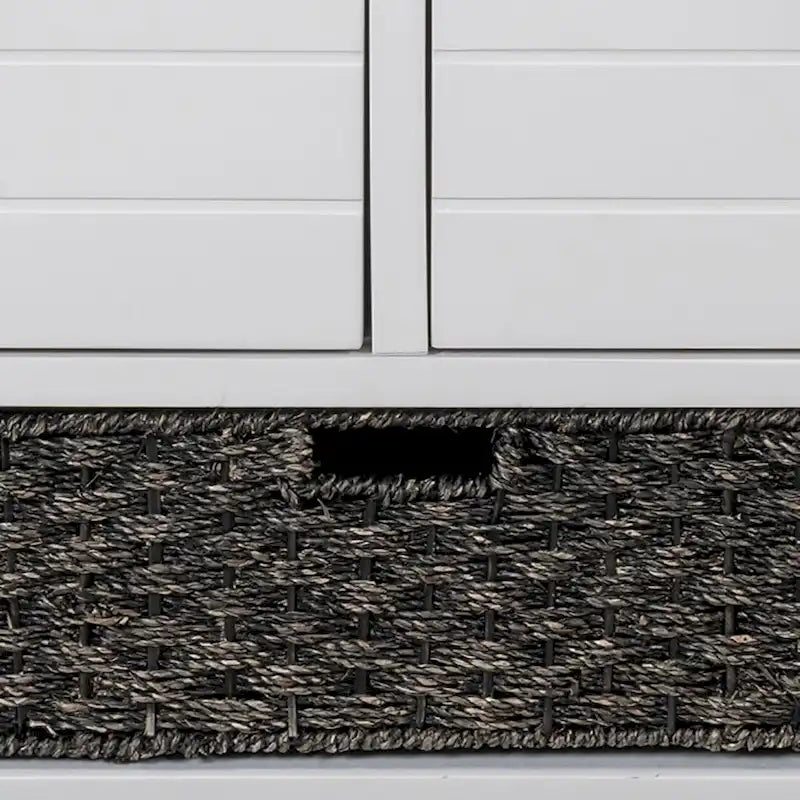 Modern Farmhouse Style Wooden Bench with 2 Drawers and a Woven Storage Basket
