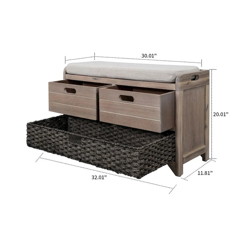 Modern Farmhouse Style Wooden Bench with 2 Drawers and a Woven Storage Basket