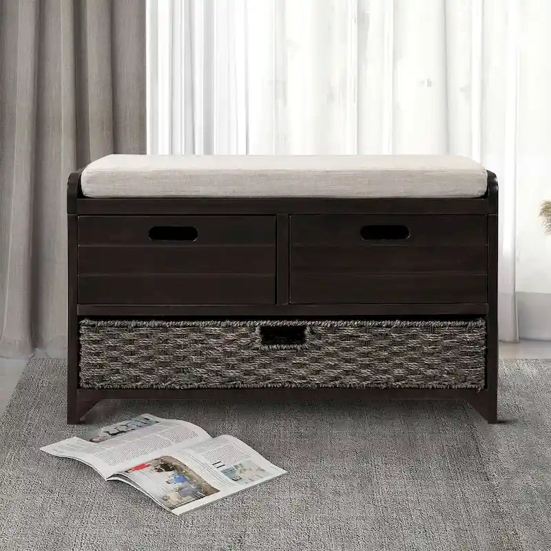 Modern Farmhouse Style Wooden Bench with 2 Drawers and a Woven Storage Basket