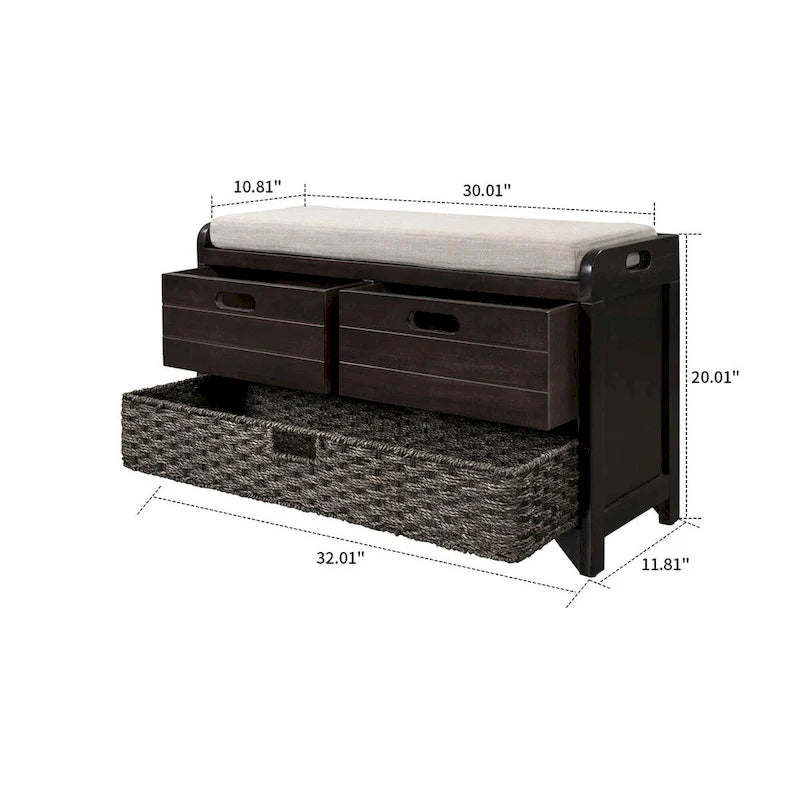 Modern Farmhouse Style Wooden Bench with 2 Drawers and a Woven Storage Basket