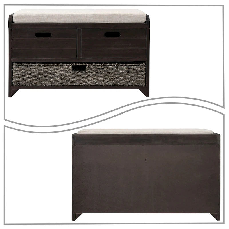 Modern Farmhouse Style Wooden Bench with 2 Drawers and a Woven Storage Basket