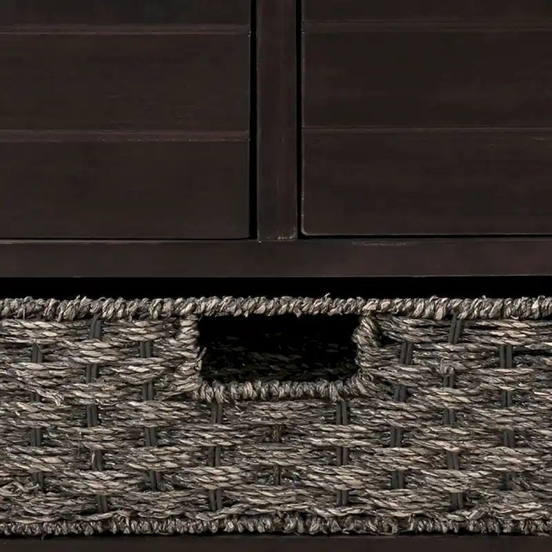 Modern Farmhouse Style Wooden Bench with 2 Drawers and a Woven Storage Basket