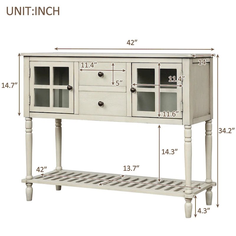 Sideboard Console Table with Bottom Shelf, Farmhouse Wood/Glass Buffet Storage Cabinet Living Room (Antique Grey)