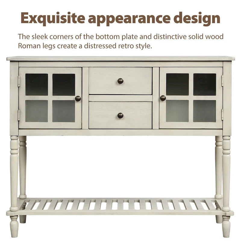 Sideboard Console Table with Bottom Shelf, Farmhouse Wood/Glass Buffet Storage Cabinet Living Room (Antique Grey)