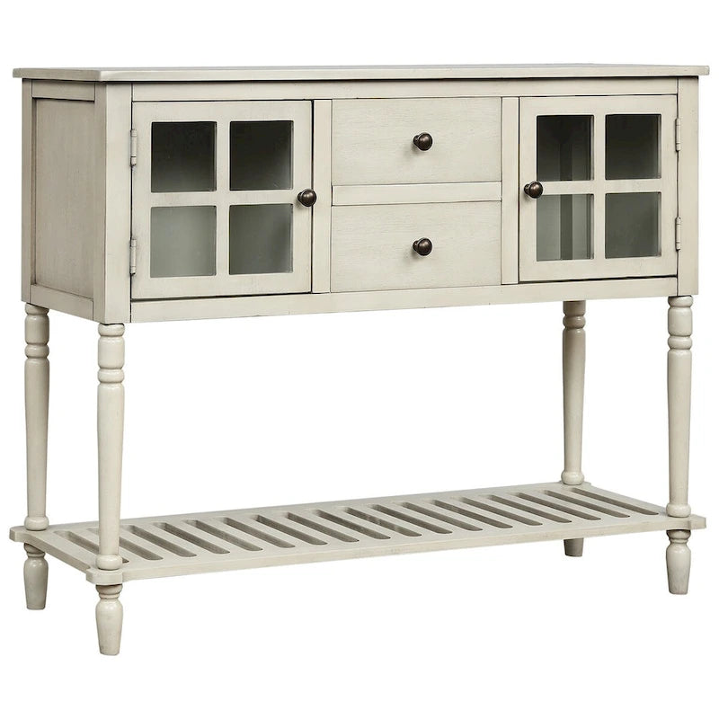 Sideboard Console Table with Bottom Shelf, Farmhouse Wood/Glass Buffet Storage Cabinet Living Room (Antique Grey)