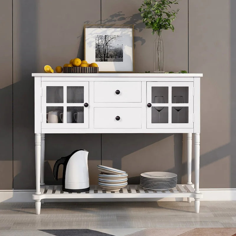 Sideboard Console Table with Bottom Shelf, Farmhouse Wood/Glass Buffet Storage Cabinet Living Room (Antique Grey)