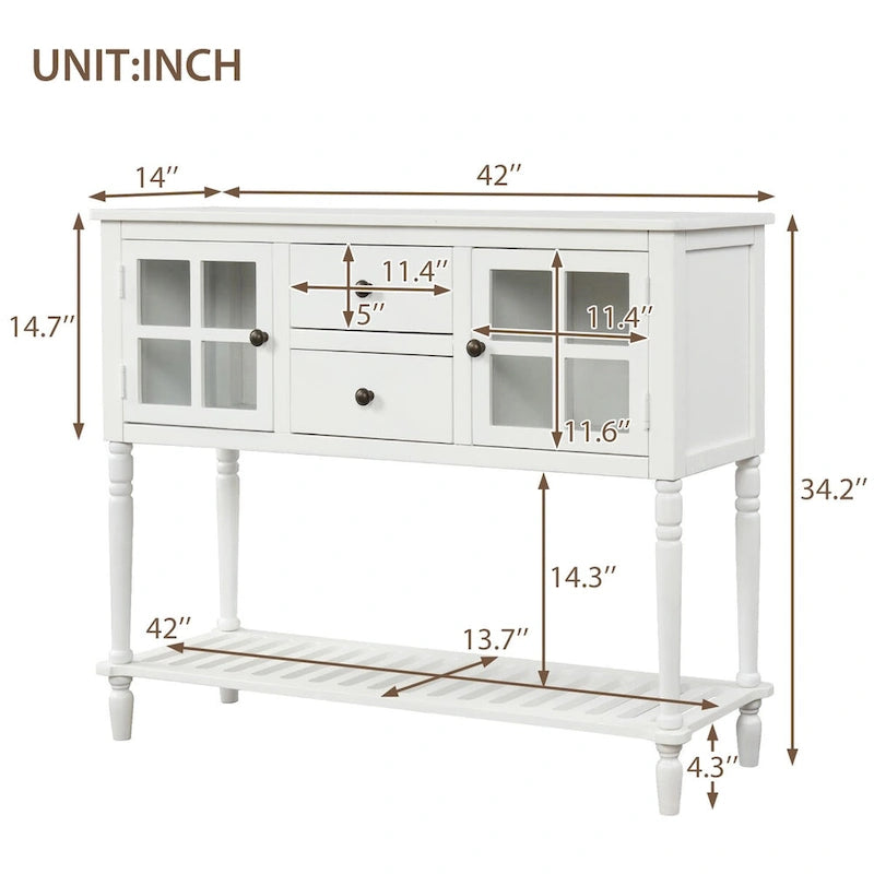 Sideboard Console Table with Bottom Shelf, Farmhouse Wood/Glass Buffet Storage Cabinet Living Room (Antique Grey)