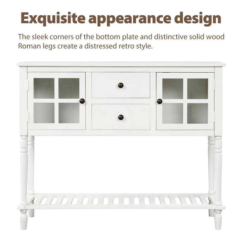 Sideboard Console Table with Bottom Shelf, Farmhouse Wood/Glass Buffet Storage Cabinet Living Room (Antique Grey)