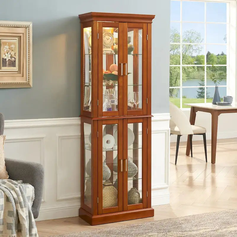 Lighted Curio Diapaly Cabinet,Adjustable Shelves,Mirrored Back Panel,Tempered Glass Doors (6 Tier),(E26 light bulb not included)