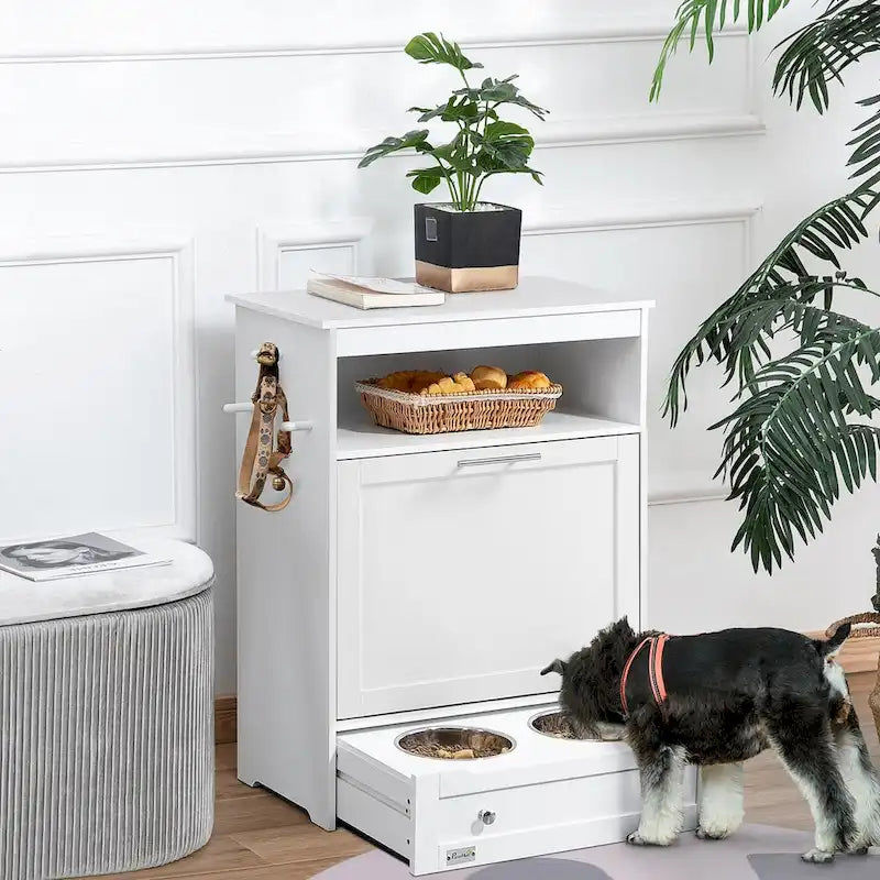 Pet Feeder Station Storage Cabinet, Dog Food Storage Container with Dog Raised Bowls and Hanger for Feeding & Watering Supplies