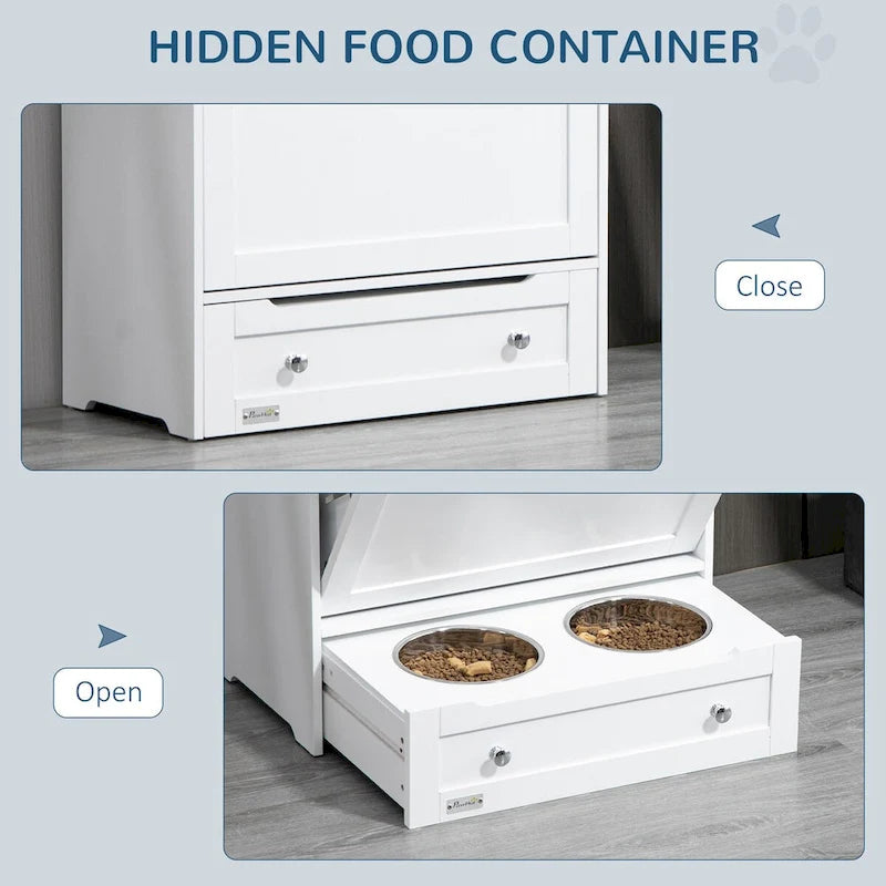 Pet Feeder Station Storage Cabinet, Dog Food Storage Container with Dog Raised Bowls and Hanger for Feeding & Watering Supplies