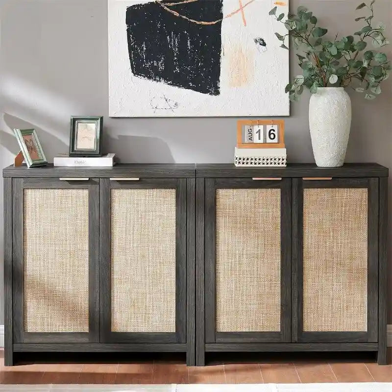 Rattan Door Sideboard Storage Cabinet with Adjustable Shelves