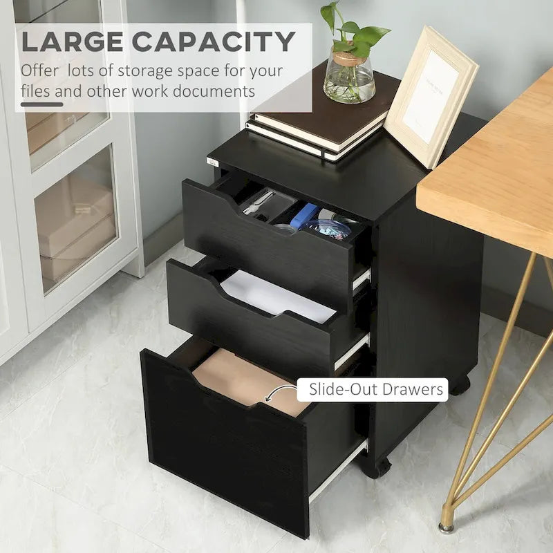Modern 3-Drawer Office Storage Cabinet with Wheels, Black Wood Grain