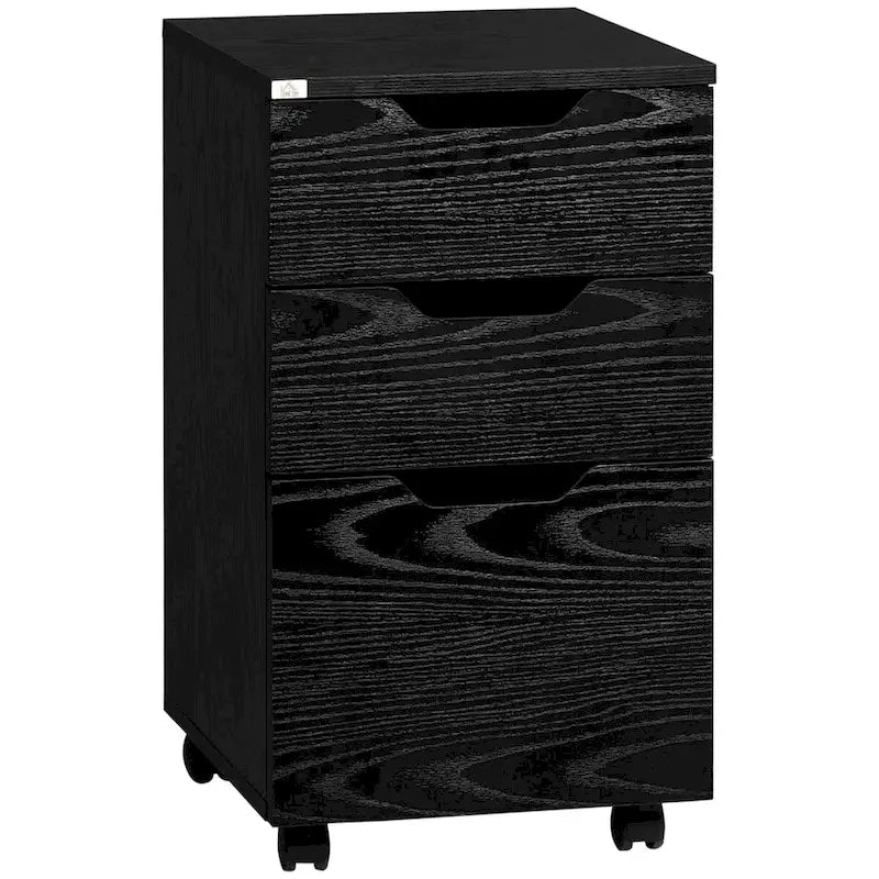 Modern 3-Drawer Office Storage Cabinet with Wheels, Black Wood Grain
