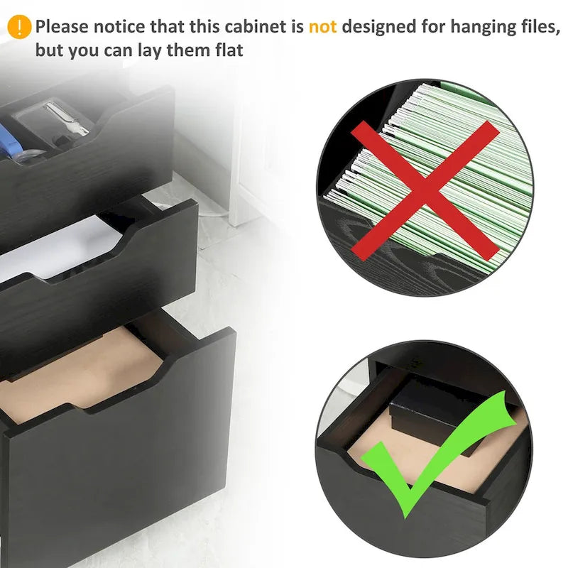 Modern 3-Drawer Office Storage Cabinet with Wheels, Black Wood Grain