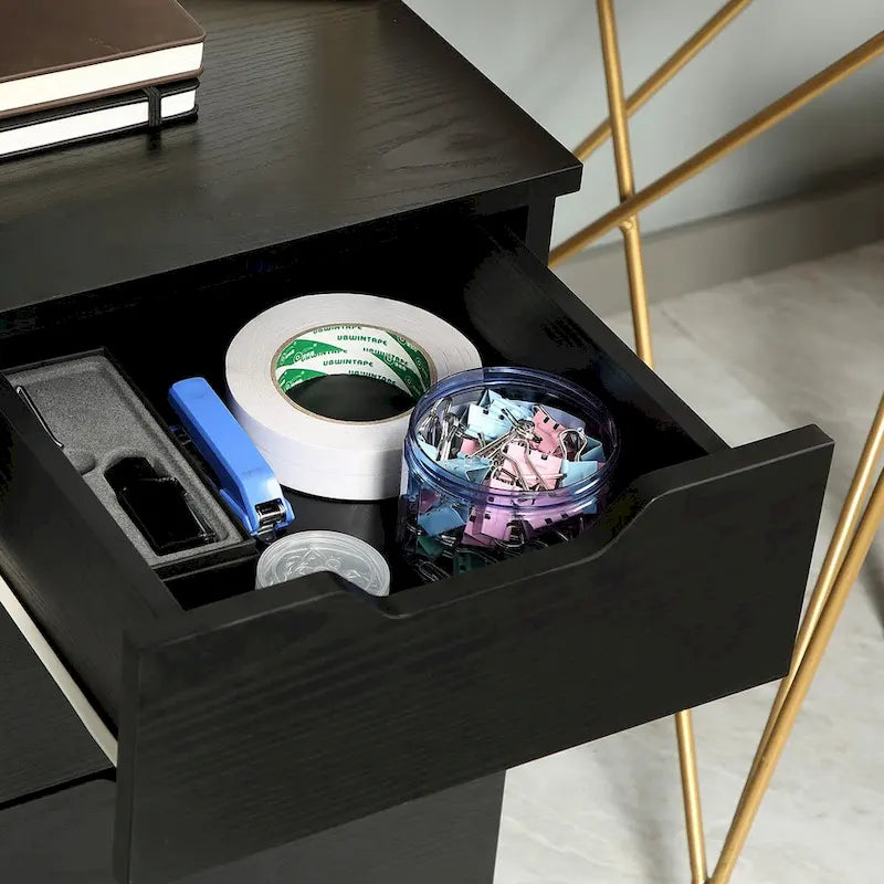 Modern 3-Drawer Office Storage Cabinet with Wheels, Black Wood Grain