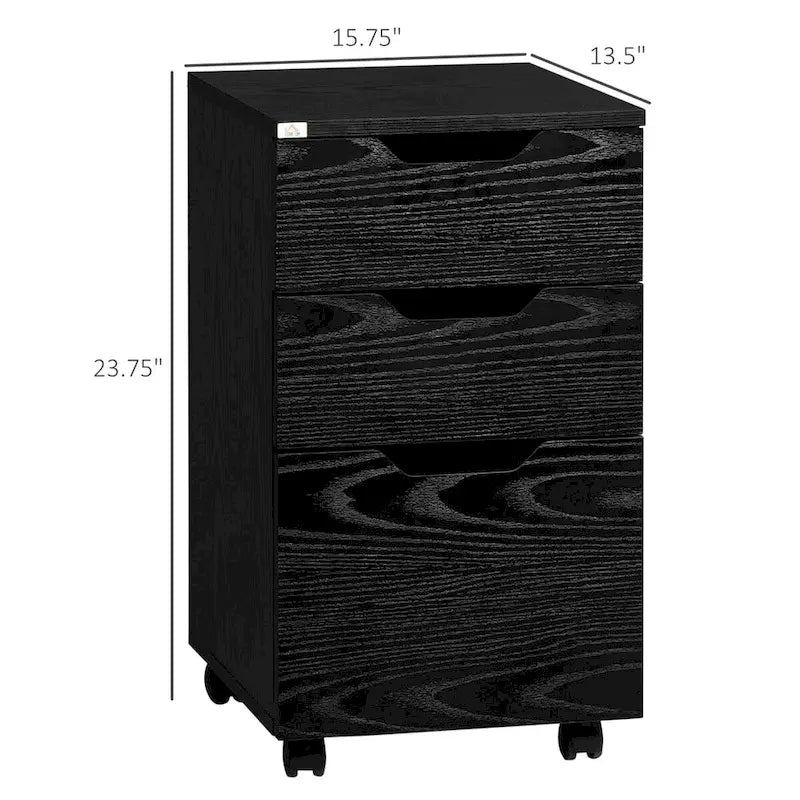 Modern 3-Drawer Office Storage Cabinet with Wheels, Black Wood Grain