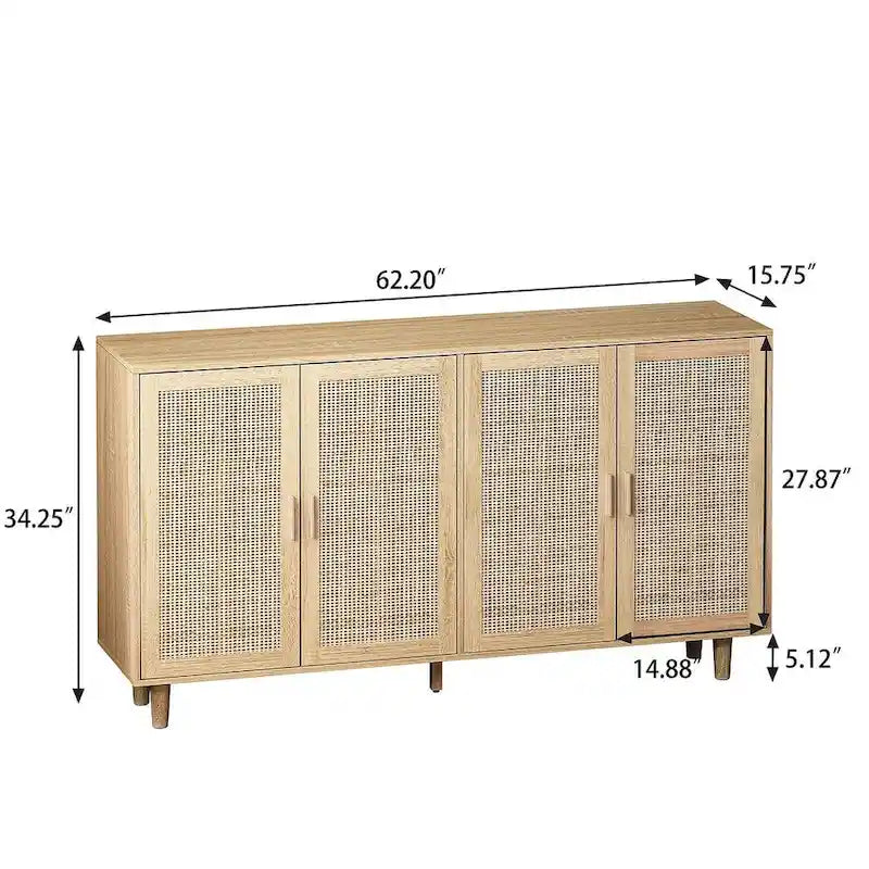 Rattan Decorative 4 Doors Freestanding Storage Cabinet