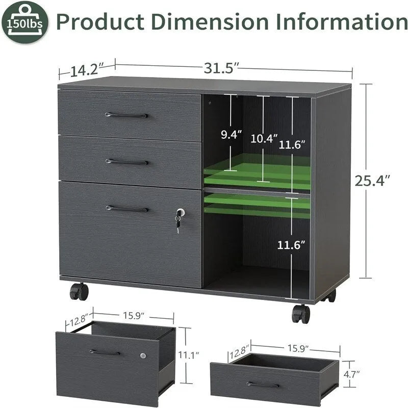 3-Drawer Mobile File Cabinet - 14.2D x 31.5W x 25.4H
