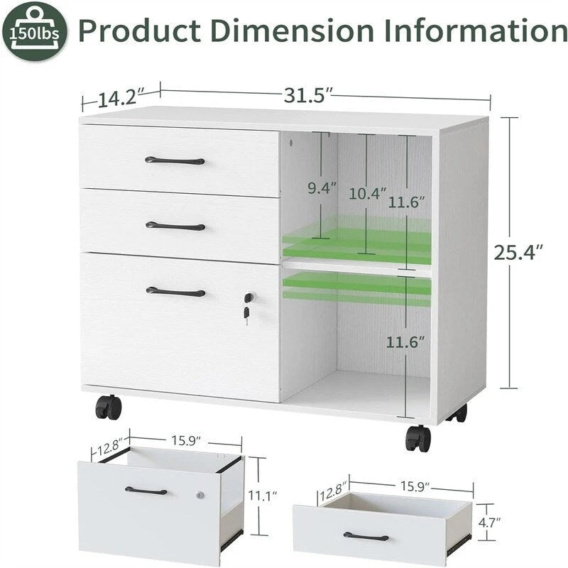 3-Drawer Mobile File Cabinet - 14.2D x 31.5W x 25.4H