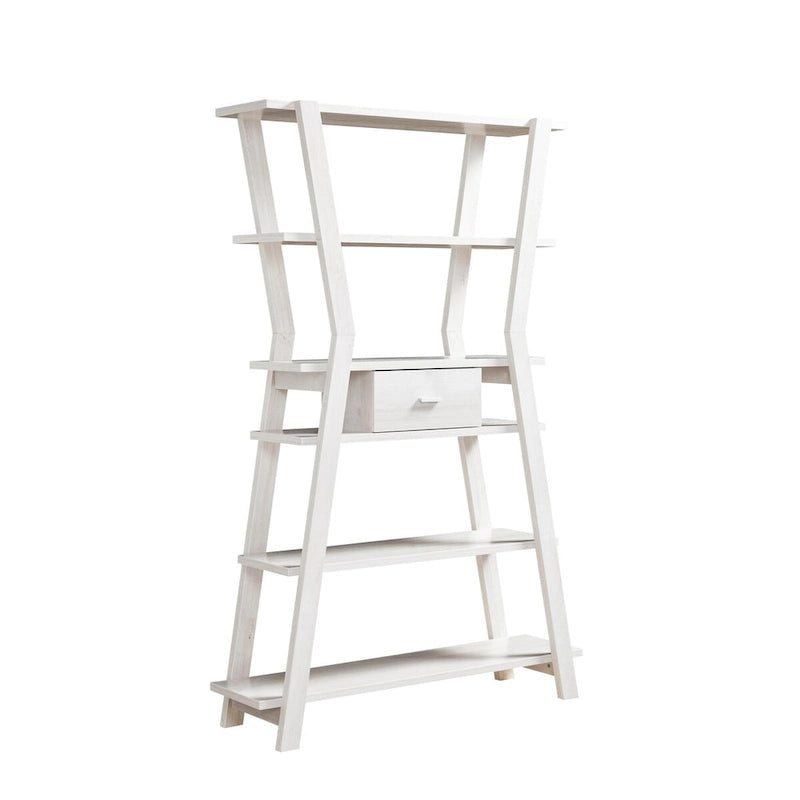 Modern Home Display Cabinet 4- Tier Open Shelving with Center Drawer in White Oak