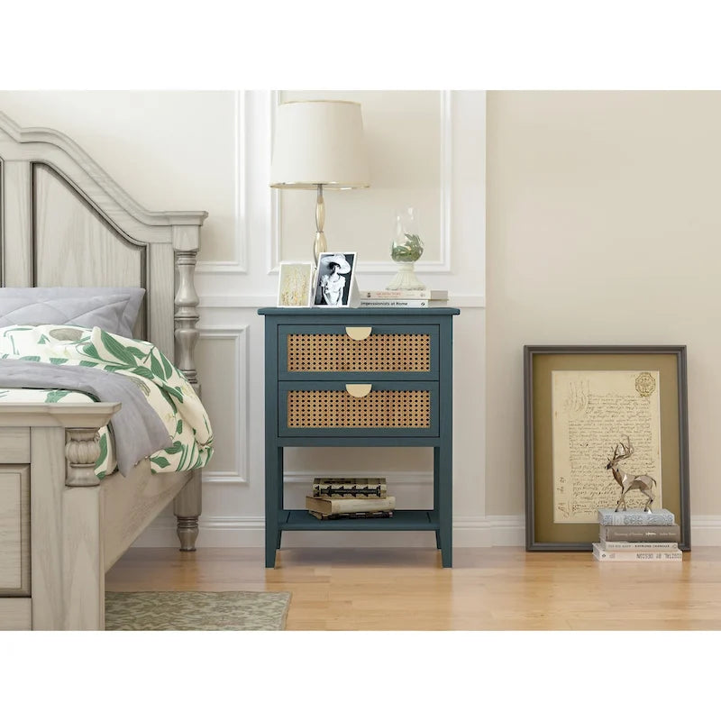 2 Drawer Side table,Naturel Rattan,End table,Suitable for bedroom, living room, study