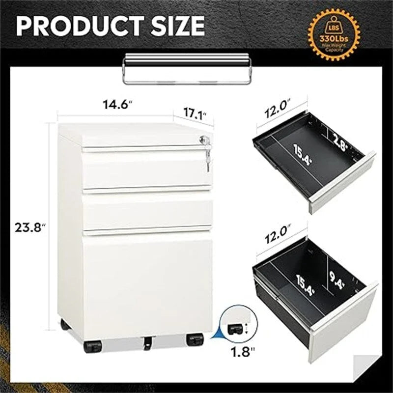 3-Drawer Mobile File Cabinet - 17.1D x 14.6W x 23.8H