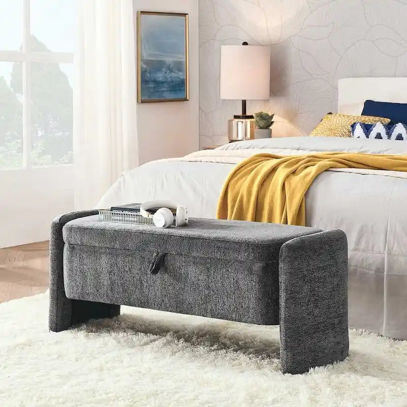 47.24 Chenille Fabric Oval Ottoman Storage Bench