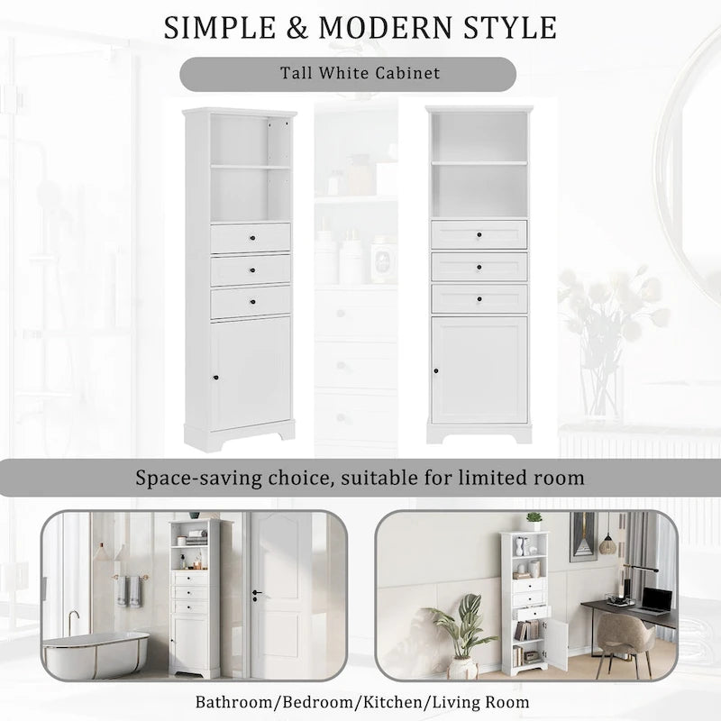 68Tall Storage Cabinet with 3 Drawers and Adjustable Shelves for Bathroom, Kitchen and Living Room